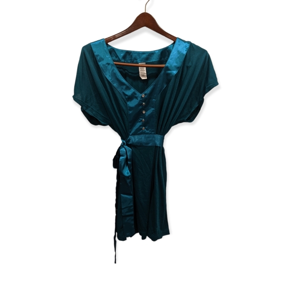 Avon Tops - 3/$15 NWOT Teal Jewel-tone Satin Tie Drapey Tunic with Jewel Buttons 1X
